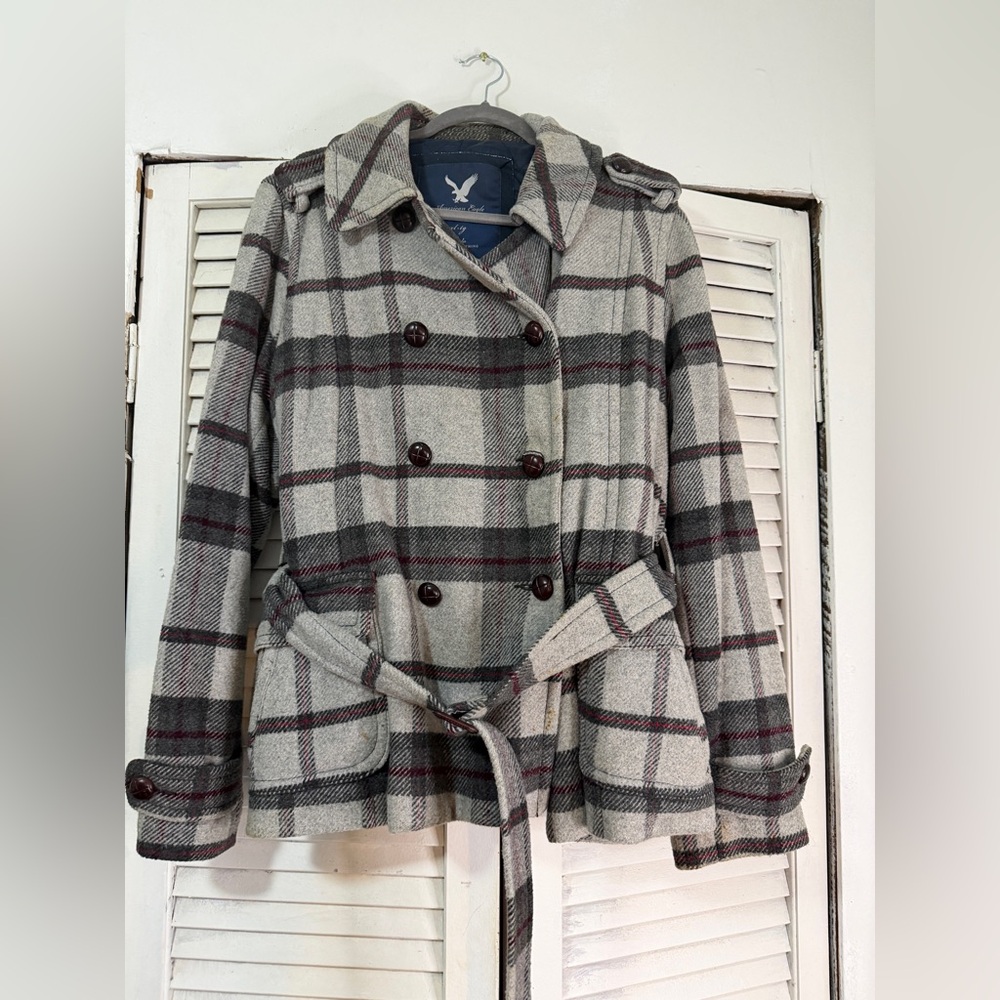 American Eagle Outfitters Gray Plaid Pea Coat